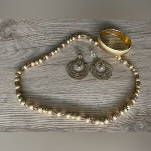 Gold bead necklace filigree post earrings & Monet gold bangle set